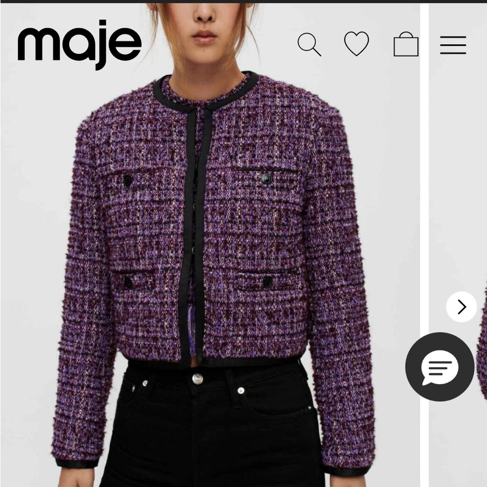 Maje Purple Bouclé Tweed Cropped Jacket Black Trim EU 36 US 4